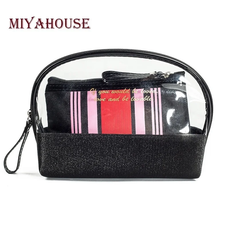 

Miyahouse 2pcs/Set Striped Design Cosmetic Bag Women Waterproof Portable Storage Makeup Bags PVC And Canvas Make Up Bag