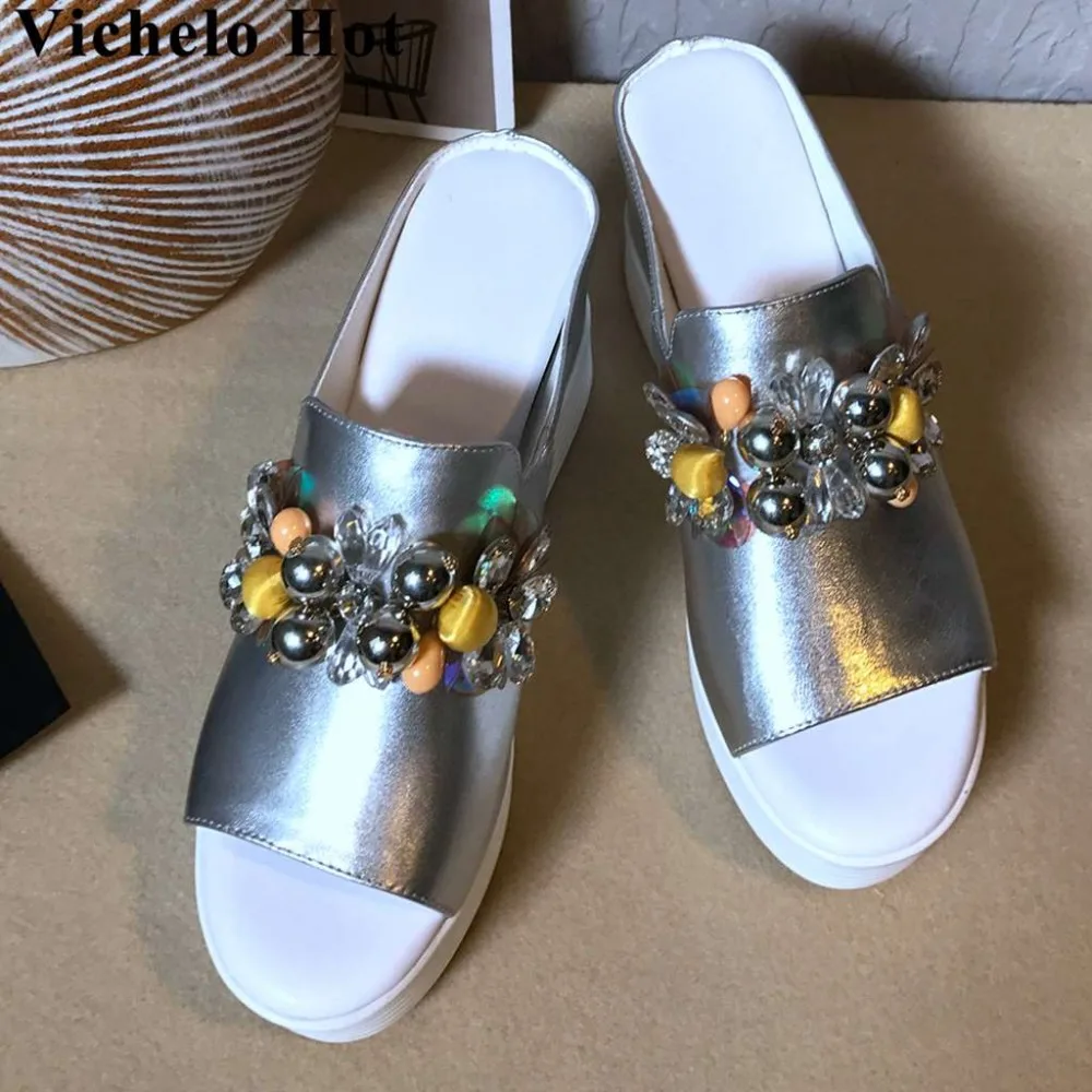 

Vichelo Hot natural leather super high heels mules wedges plarform glitter crystals decoration peep round toe women sandals L76