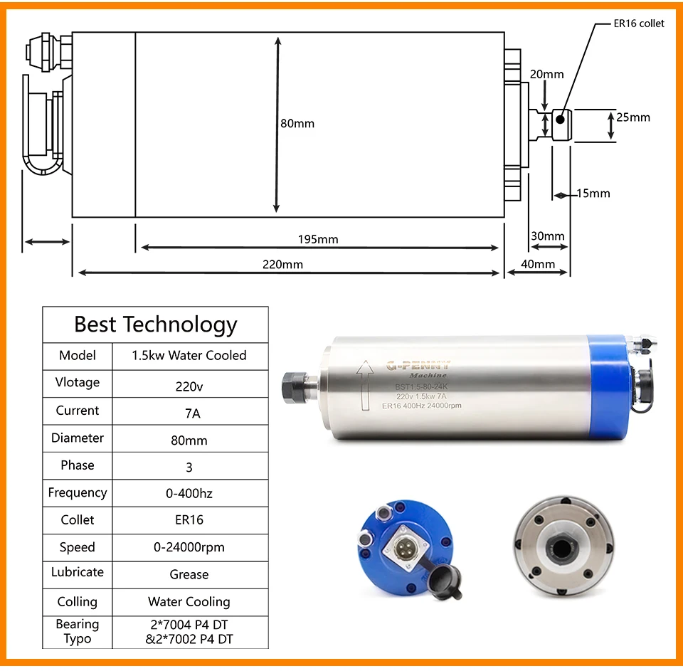 G-PENNY CNC 1.5KW 80 мм шпиндель с водяным охлаждением ER16 400 Гц шпиндель с водяным охлаждением 80x220 мм 4 подшипники с ЧПУ мотор шпинделя для гравировки