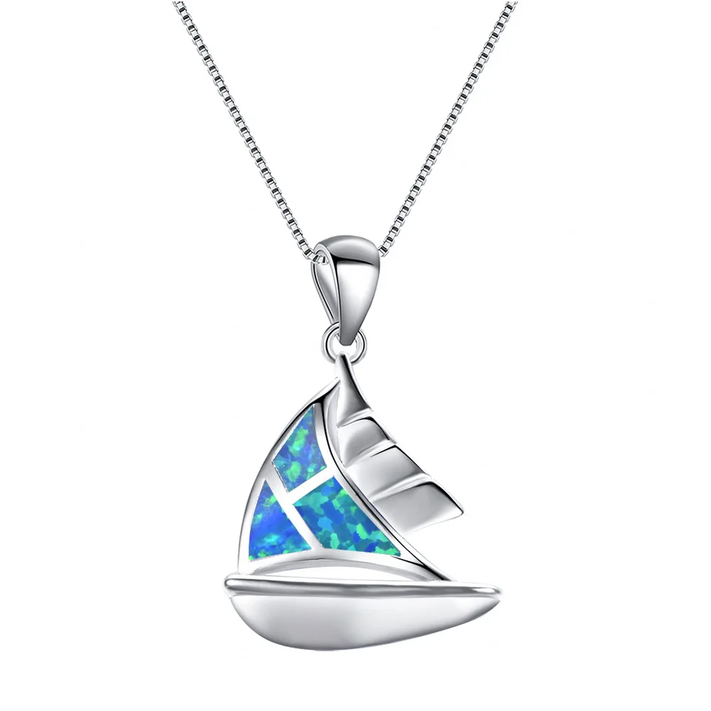 

UFOORO necklace 925 silver blue opal silver color Sweet Sailing sailboat couple jewelry necklace for women love gift Christmas