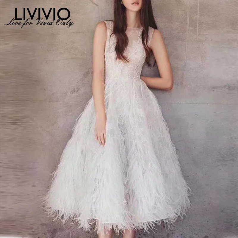 

[LIVIVIO] Party Dress Female O Neck Sleeveless Embroidery Beading Feather Midi Dresses Women Elegant Fashion 2019 Summer