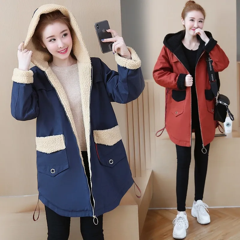 Осень Зима Плюс овечья шерсть теплая хлопковая куртка для женщин плюс размер куртки пальто женские корейские свободные повседневные парки с капюшоном 5XL F742