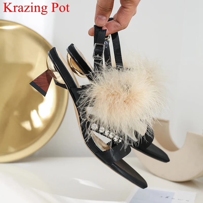 

superstar strange style peep toe crystal fur brand platform women sandals buckle strap party elegant wedding summer shoes L61