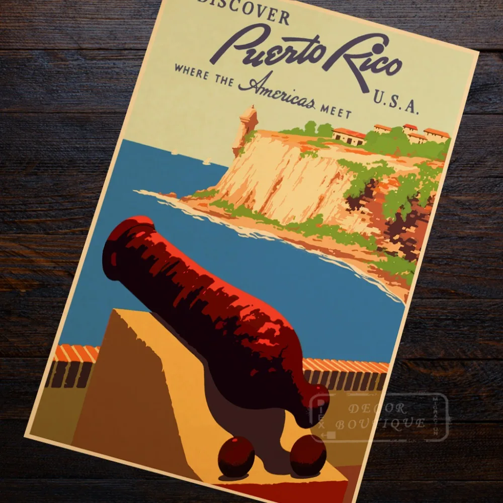 

Puerto Rico America Maps Pop Retro Vintage Kraft Travel Poster Canvas Painting DIY Wall Sticker Home Bar Posters Decoration