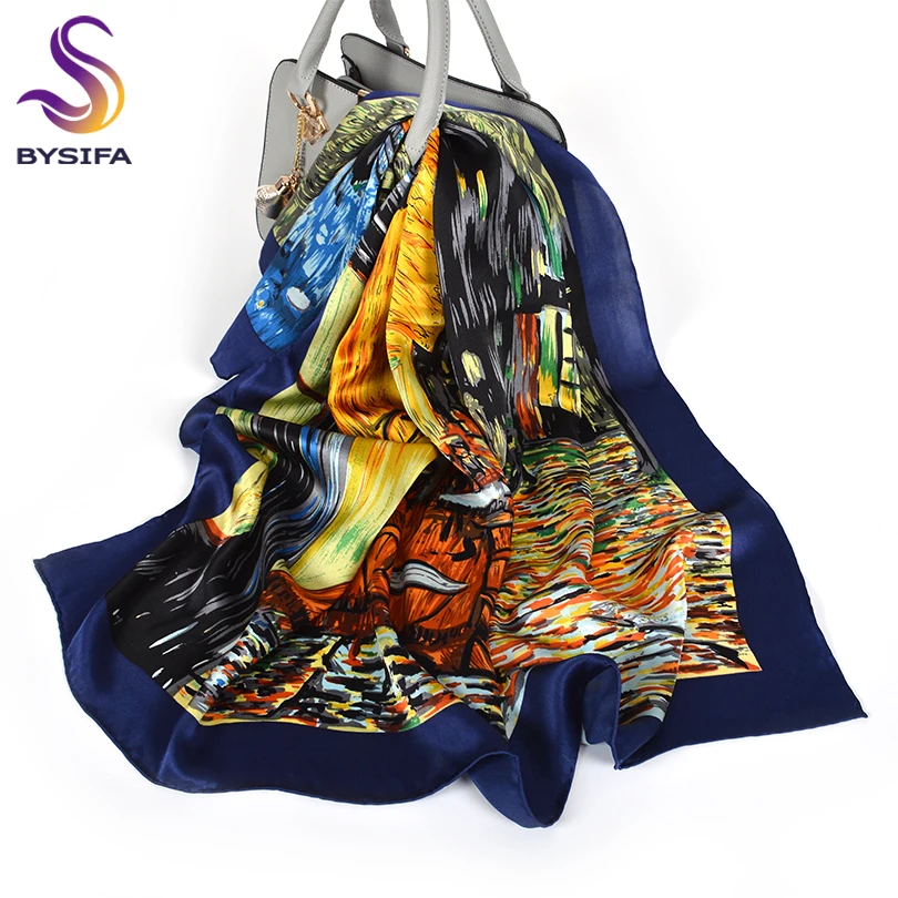 

[BYSIFA] Navy Blue Scarves Fashion Brand Oil Painting Cafe Design 100% Silk Scarf Shawl Fall Winter Women Square Scarves 88*88cm