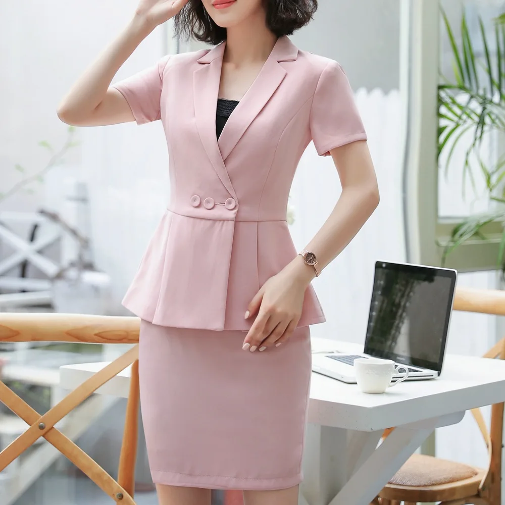 Summer Formal Skirt Suit Women Short Sleeve Ruffle Waist Blazer and Skirt 2 Pieces Set Office Clothes Work Suits 886833-