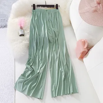 

2019 Women's Elegant Solid Color Pants Summer Beach Elastic High Waist Pleated Ankle-Length Trousers Wide Leg Pants
