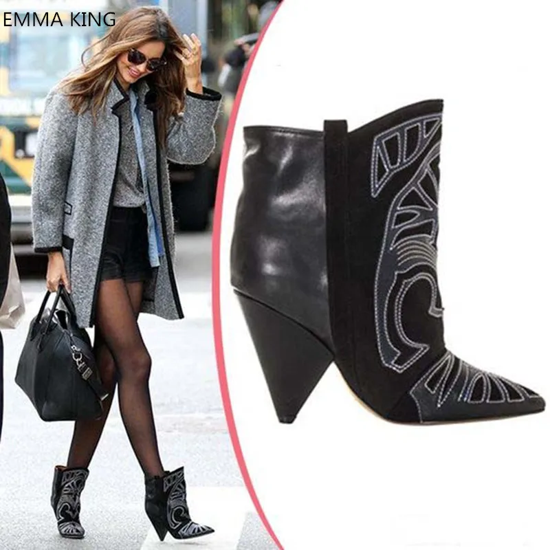 EMMA KING Autumn New Retro Appliques Geometric Ankle High Spike Heels Woman Party Dress Classical Pointed Toe Slip on Boots