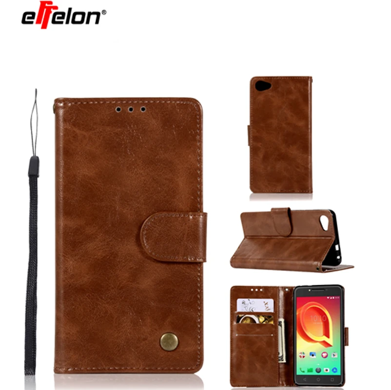 

effelon New Case For Alcatel A5 LED 5.2inch Vintage Retro Plain PU Leather Wallet Case Cover Coque Stand Function Card Holder