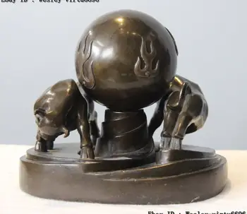 

Chinese Pure Bronze Copper FengShui Two Ox Bull Cattle moo-cow Play Bead Statue