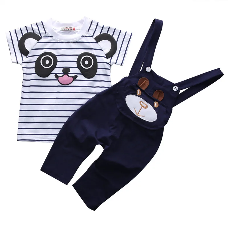 

Baby Boys Outfits Cute Panda Style Clothes Sets Summer Sets Casual Stripe T-shirt Tops+Braces Long Pants 2PCS Set