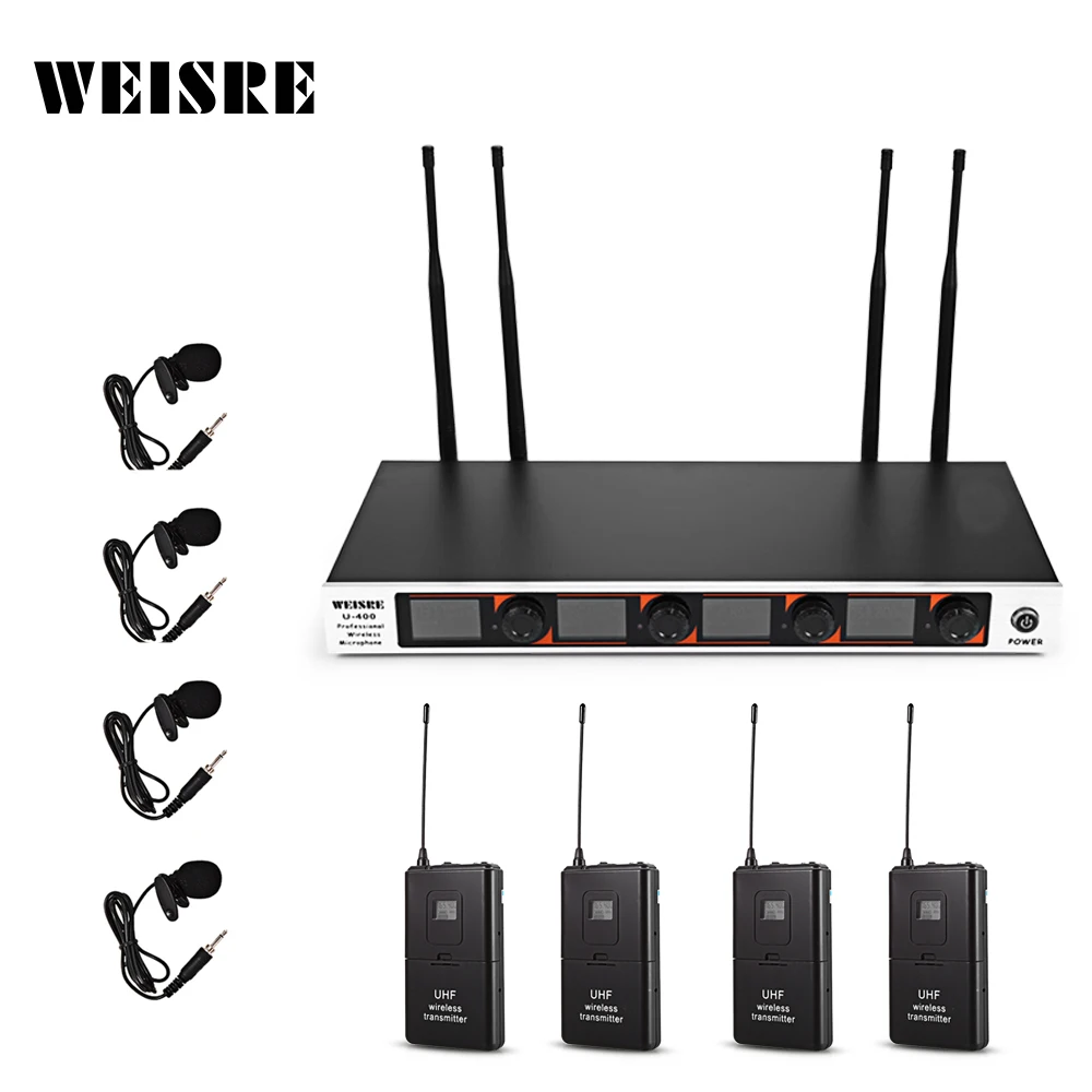 حار بيع weisre U400 vhf نظام الميكروفون اللاسلكي + 4 هوائي + 4 طوق mic + 4 استقبال + 6.35 ملليمتر كابل + حامل مجموعة 4 قناة أطقم