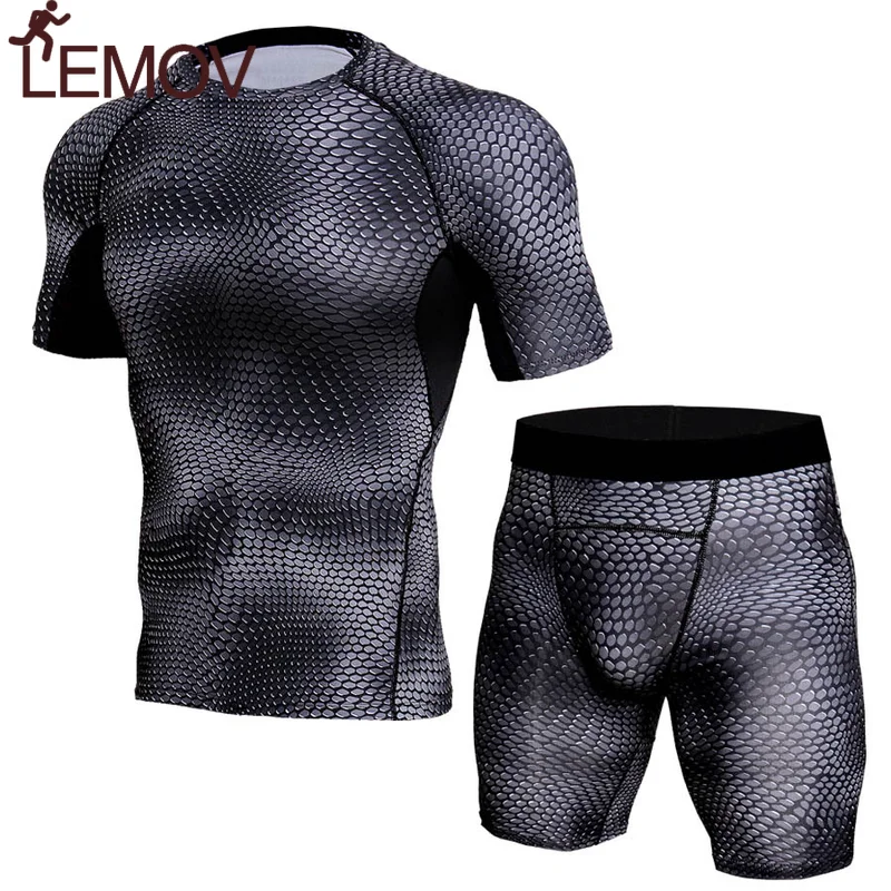 

LEMOV Grid Breathable Sports Wear for Men Gym Elastic Polyester Fabric Men Sports Suits Wicking Anti-shrink/fade Training Set