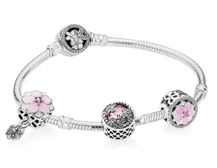 

Original 925 Sterling Silver Strand Bracelets Enamel Magnolia Bloom With Crystal Beads Pandora Bracelet Bangle DIY Jewelry