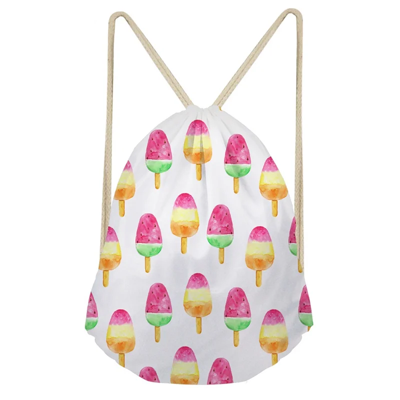 

THIKIN Summer Color Cartoon Ice-lolly Portable Beach Backpack Women Polyester Beam Pocket Drawstring Bag Customize Portable