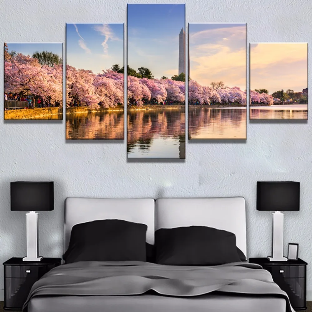 

5 Piece HD Print Painting Washington Monument Cherry Blossoms Cuadros Landscape Canvas Wall Art Home Decor For Living Room