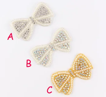 

(60pcs/lot)Mix 3 Design Crystal Pearl Bows Rhinestone Appliques Patch Hot-Fix Beaded Bridal Dress/Belt/Sash/Hat Applique Patch
