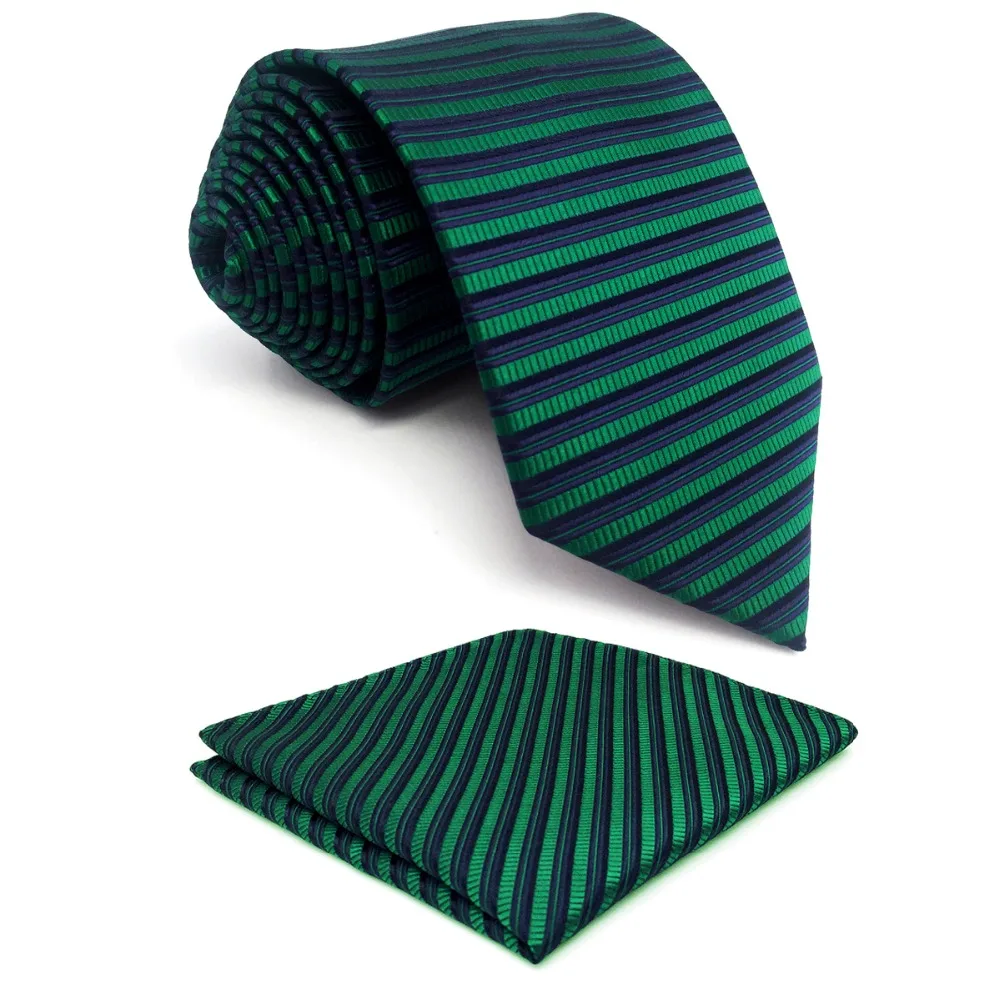 C19 Blue Green Silk Striped Mens Necktie Set Wedding Novelty Hanky