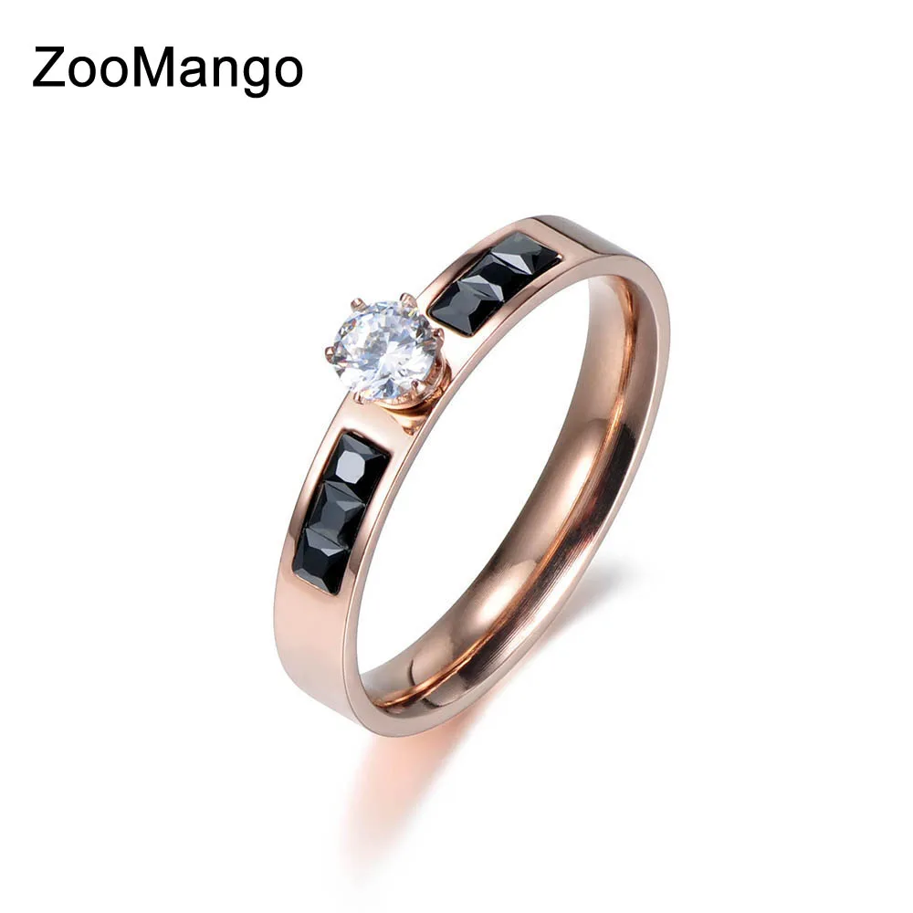 ZooMango Trendy Titanium Steel Find Wedding Rings Micro White/Black Rectangle Cubic Zirconia Engagement Ring For Women ZR18012 | Украшения
