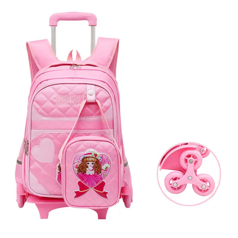 С мультипликационным принтом 2 шт. комплект школьные рюкзаки 6 колес детские школьные рюкзаки для девочек, водонепрониаемых сумок милый детский рюкзак на колесах Для Путешествий Рюкзак - Цвет: 6 wheels pink