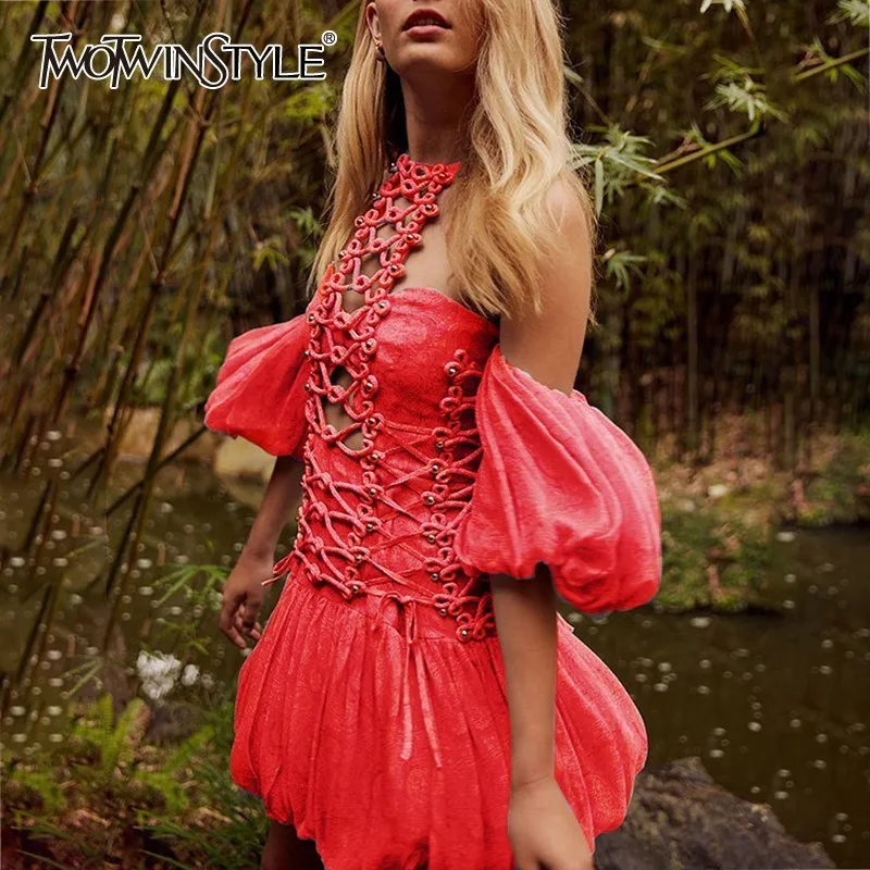 

TWOTWINSTYLE Hollow Out Sexy Dress For Women Off Shoulder Puff Sleeve High Waist Beading Patchwork Mini Dresses Female 2019 New