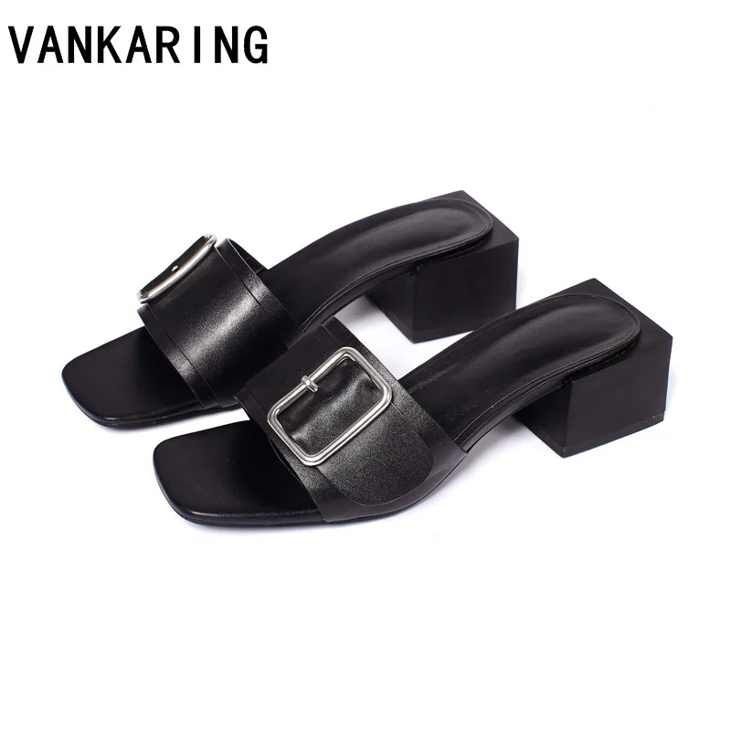 

Concise women's mules sandals summer shoes high heel women slippers open toe beach slides slip on genuine leather casual mules