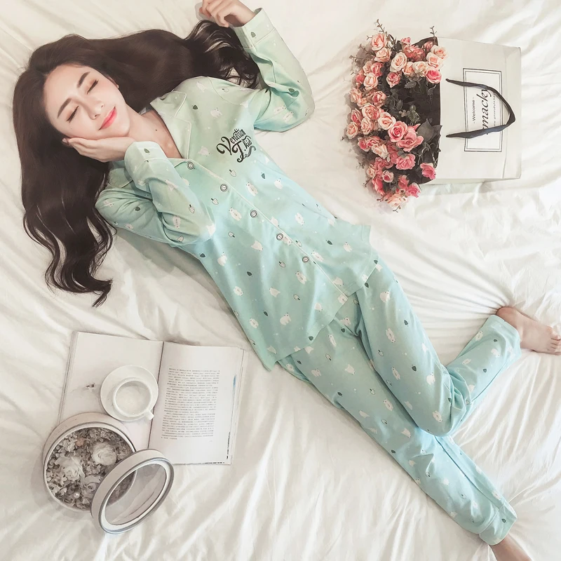 Korean Ladies Sleepwear Long Sleeve Printing Sweet 2 Piece Set Female