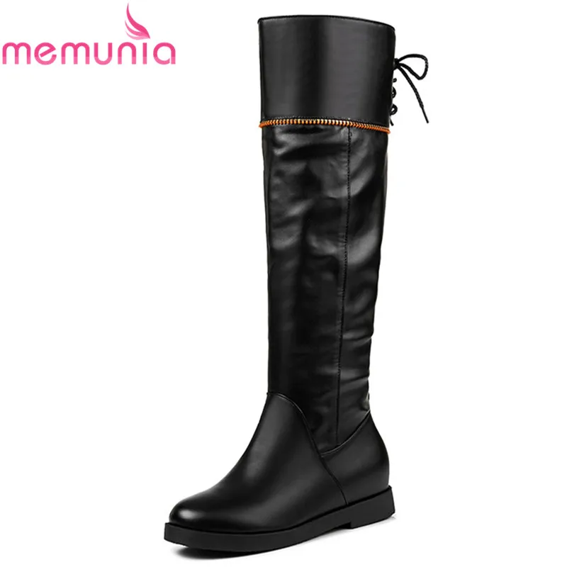 

MEMUNIA 2020 new arrival long boots women white black round toe 4.5cm heels boots with string bead pu leather knee high boots