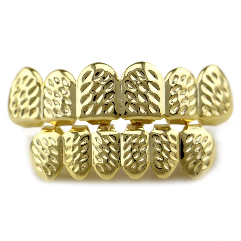 

Gold Color Hip Hop Tooth Grillz Top & Bottom Grill Cap for Halloween Bling Jewelry Custom Design Fake Teeth Ornament Women Party