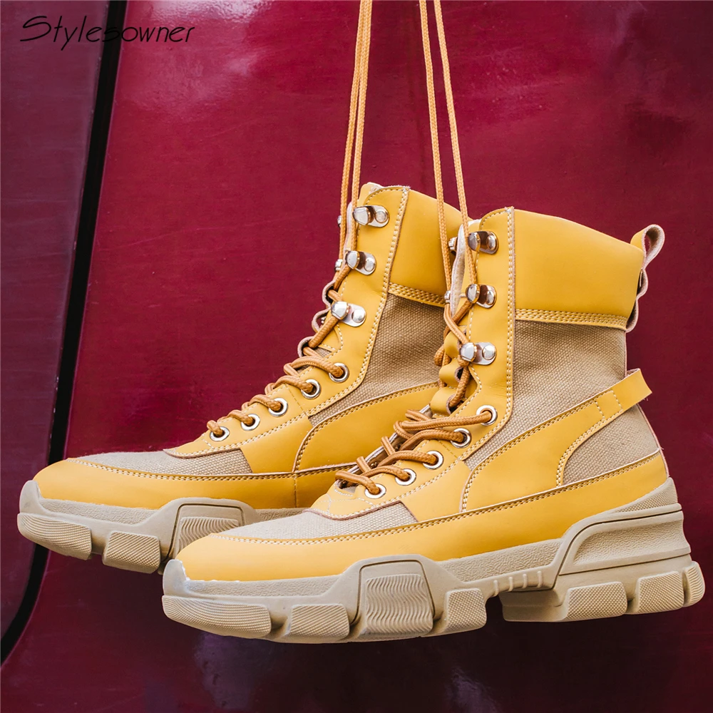 

Stylesowner Fashion Platform Lace Up Army Boots Patchwork Real Leather Ankle Boots Thick Heel Shoes Laces For Lady Casual Boots