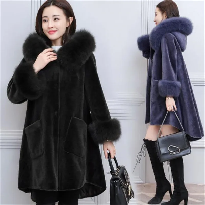 New Women Faux Fur Coats Jacket Winter Fur Coat Female 2018 Autumn & Winter Fox fur Collar Cloak Plus Size Fur Coat High Quality