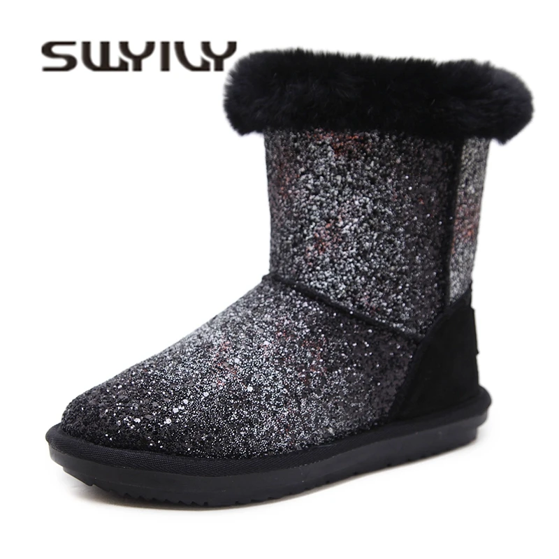 

SWYIVY Snow Boots Woman Genuine Leather Fur 2018 Warm Female Winter Shoes Sequins Flat Snowboots Cotton Padded Shoes Boots Fur