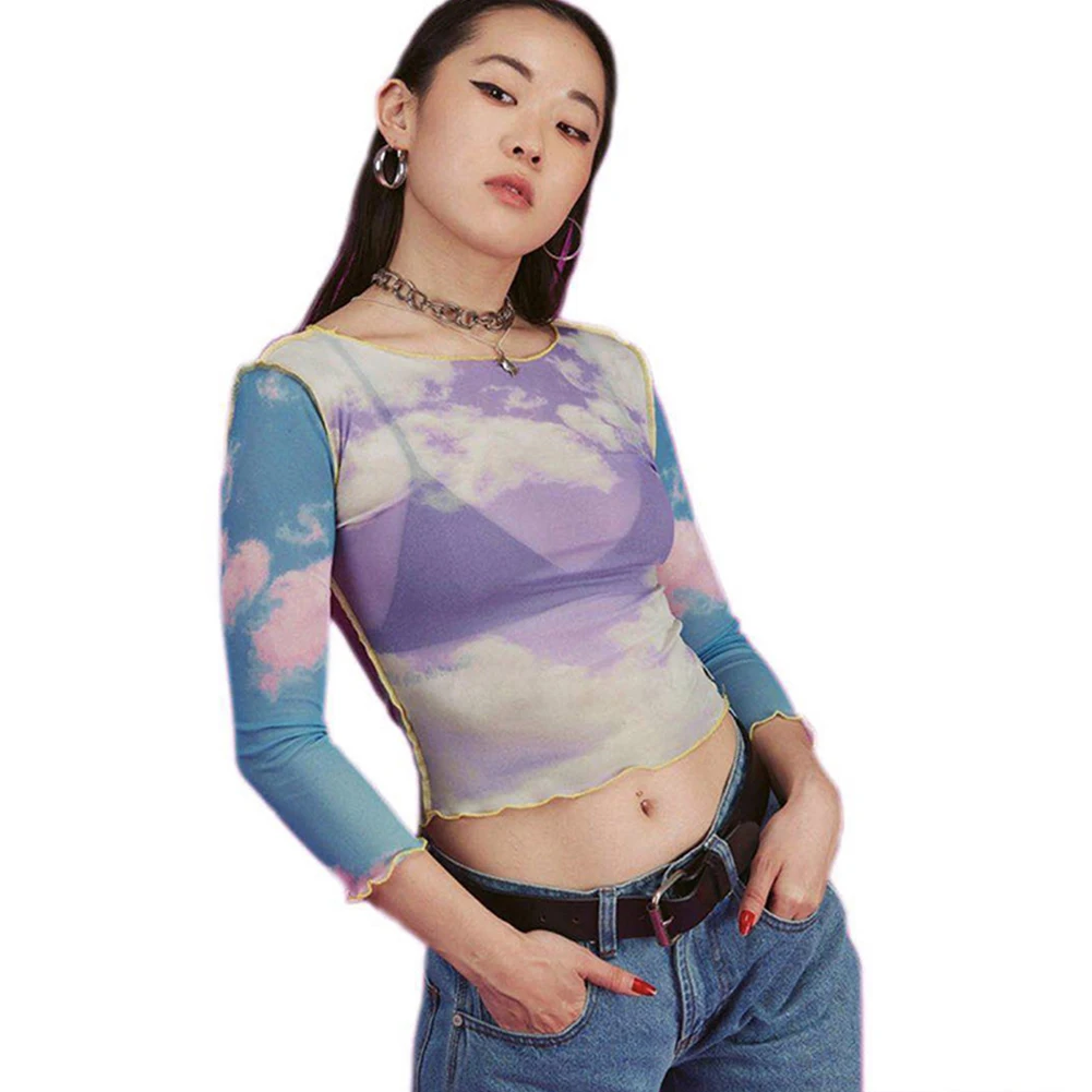 

Three Quarter Sleeve Women T-shirt Crop Top Cloud Print Casual Suit Summer Splice Slim Street Daily See Through Crew Neck Dating