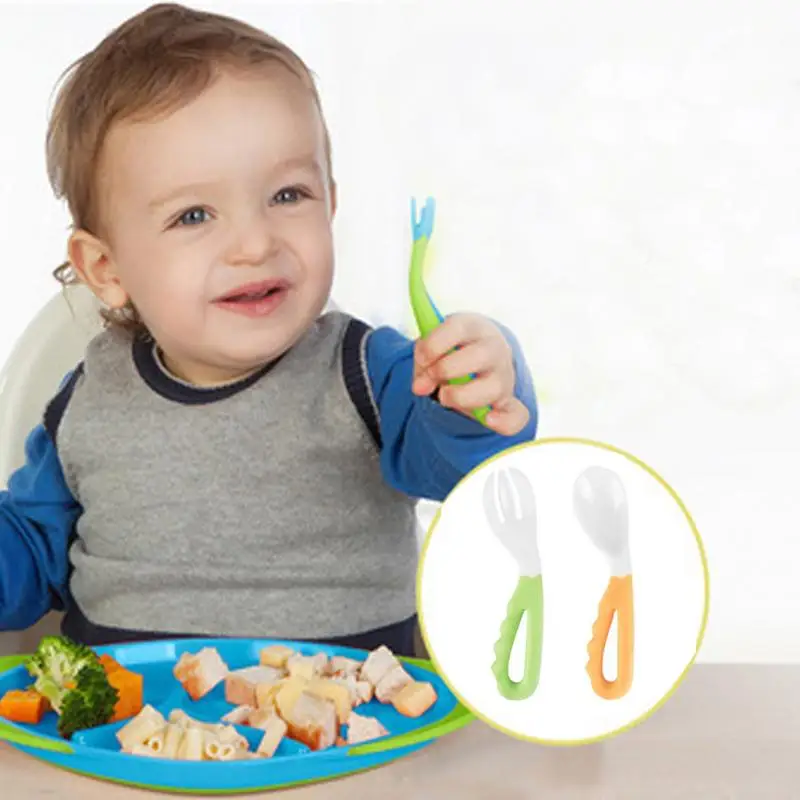 

2018 New For Toddlers Easy-to-Hold Baby Feeding Curved Handle Spoon And Fork Tableware