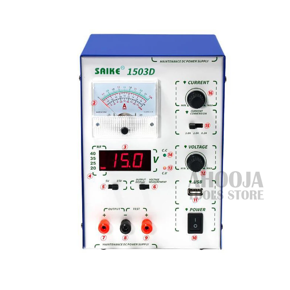 Цифровой дисплей для ремонта телефона SAIKE 1503D 15 В 3 А регулируемый выключатель