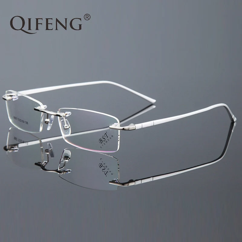 

QIFENG Spectacle Frame Eyeglasses Men Computer Optical Rimless Myopia AL-MG Clear Lens Eye Glasses Frame For Male Oculos QF188