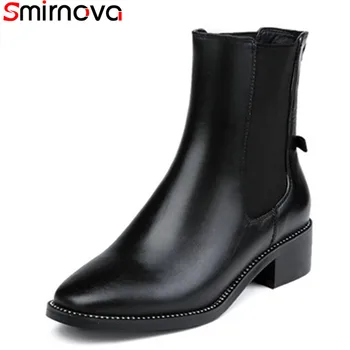

Smirnova 2018 new arrival ankle boots for women round toe square med heels genuine leather boots slip on casual female shoes