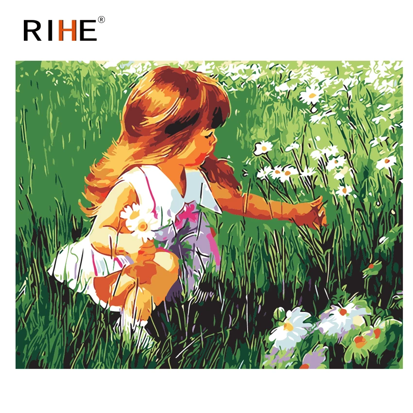 

RIHE Girl With Daisy Oil Painting By Numbers Grassland Cuadros Decoracion Acrylic Paint On Canvas For Artwork Modern Home Decor