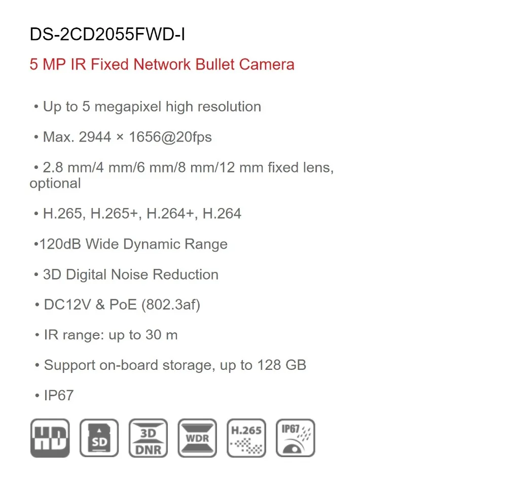 Ip-камера видеонаблюдения Hikvision 5MP DS-2CD2055FWD-I сетевая цилиндрическая камера с поддержкой бортовой камеры видеонаблюдения