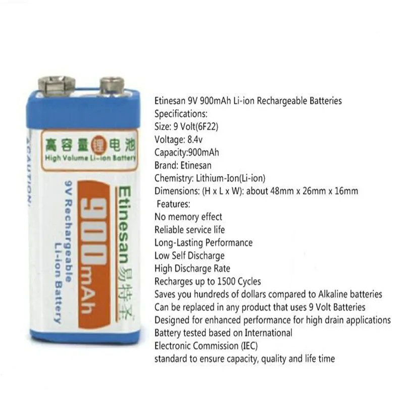1 шт. Etinesan 900mAh 9v литий ионная аккумуляторная батарея Аккумуляторы для микрофона