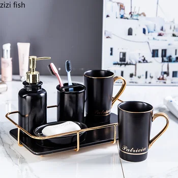 

Creative Nordic style Simple Golden rim ceramics Five-piece bathroom set Mouth cup Suit Wedding Gifts tray Home Decorations