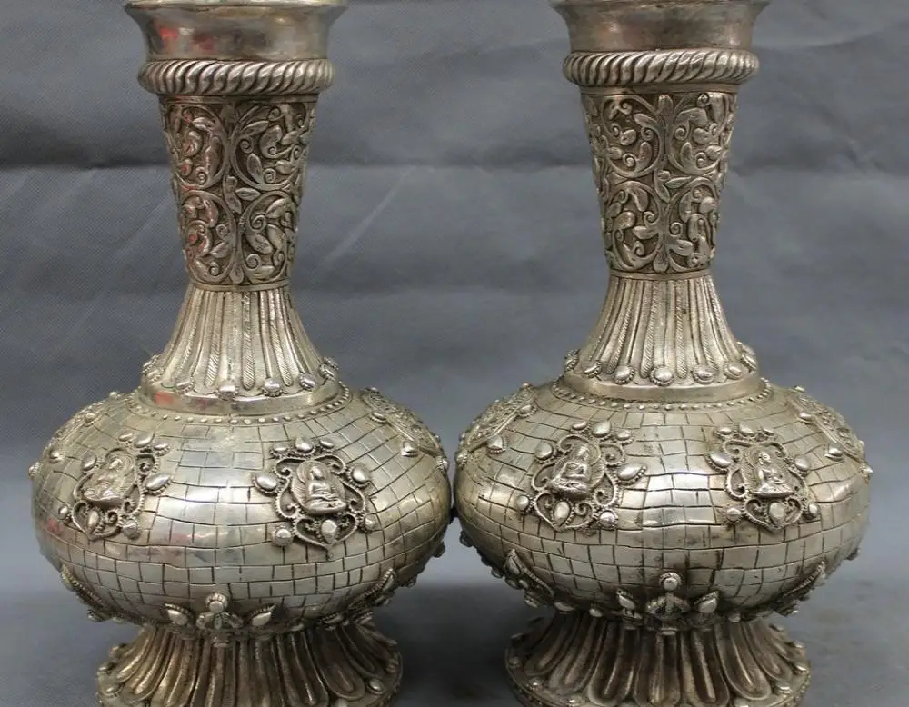 12&quot Marked Tibet Silver Buddhism Auspicious Amitayus Buddha Statue Vase Pot Pair | Дом и сад