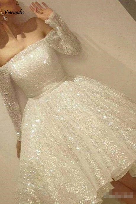 22-1             2019 New White Shine Short Homecoming Dresses Sequins Off The Shoulder Long Sleeve Party Dress Thin Ribbon A-Line Evening dress