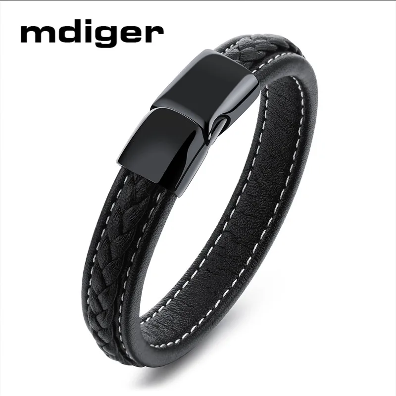 

Mdiger Brand High Quality Titanium Steel Bracelets Black Leather Bracelets For Men Wristband Gift Charm Women Bracelet 3 PCS/LOT