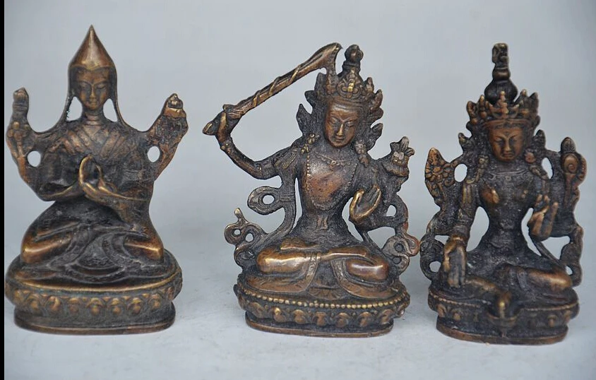 

TIBET TIBETAN BUDDHISM OLD BRONZE HANDWORK CARVED 3 BUDDHA STATUE