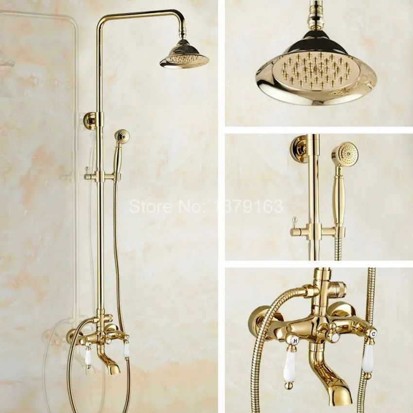 

Polished Gold Color Brass Wall Mounted Bathroom Rainfall rain Shower Faucet Set Dual Ceramic Handle Bath Tub Water tap agf367