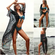 New Chiffon Beach Cover Up Women Plus Size Print Floral Bikini Cover Up Wrap Holiday Vestidos Mujer Cardigan 2019 Maxi Dress