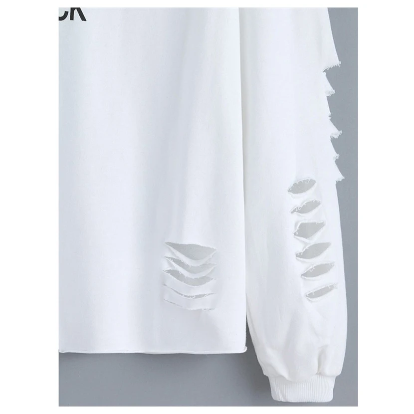 Women's New Fashion Spring Autumn Hole Sweatshirts Hoodies Letters Printed Female Pullover Loose White Long Sleeved Casual Str