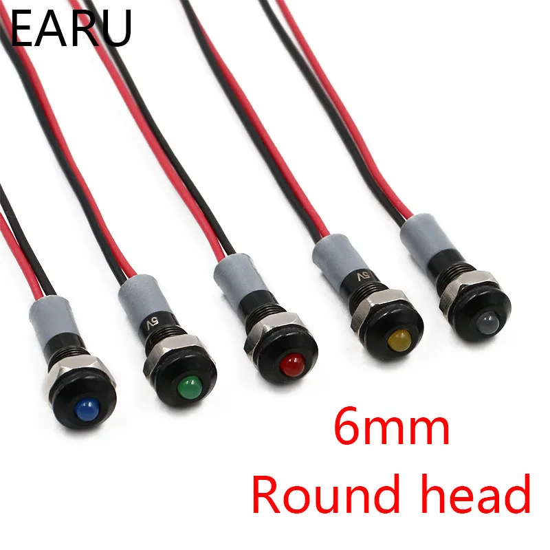 Black Body Round Head 6mm Waterproof IP67 Metal LED Warning Indicator Light Signal Lamp Pilot Wire 5V 12V 24V 110V 220V Red Blue