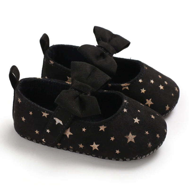 Цветочные кроссовки для новорожденных девочек; Повседневная хлопковая обувь с бантом для малышей; кожаная обувь принцессы с блестками и звездами для маленьких девочек 0-18 мс